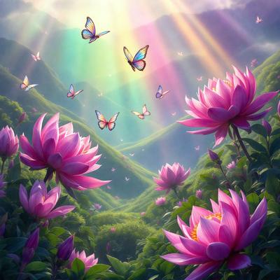 The primary subject of the image is a beautiful scene of a field filled with pink flowers, surrounded by a lush green hillside. The setting is a serene, natural environment, perfect for the butterflies that are flying around the flowers. The visual style of the image is a digital art, which adds a sense of vibrancy and life to the scene. The dominant colors in the image are pink and green, creating a warm and inviting atmosphere.